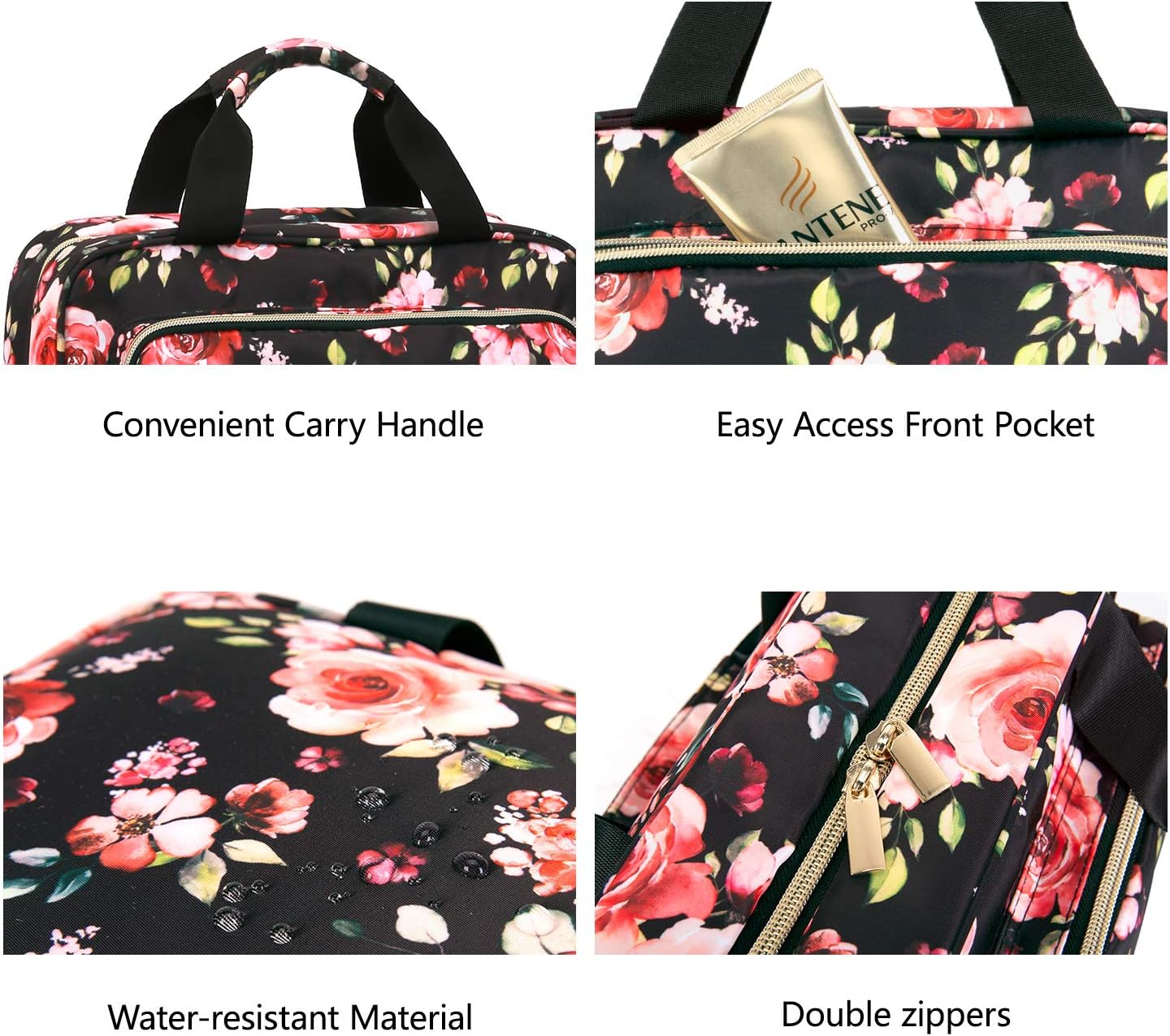 Toiletry Travel Bag with Hanging Hook, Portable Folding Cosmetics Bag for Brushes Set, Full-Sized Shampoo, Conditioner, Accessories, Floral, 12" x 9" x 4"…