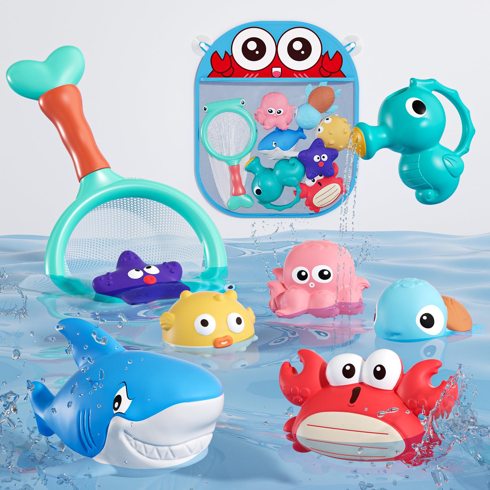 Mold Free Bath Toys for Toddlers, No Hole Baby Bath Toy Set with Storage Bag, Ocean-Themed Bathtub & Pool Toys for Infants 6-12 Months and Kids Ages 1-3, 2-4 & 3-5