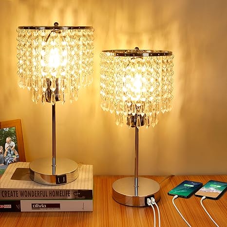 Amazon Com Crystal Touch Control Table Lamp 3 Way Dimmable Bedside Lamps With Dual Usb Charging Ports K9 Crystal Shade Nightstand Bedside Desk Light For Bedrooms Living Room E26 6w Led Bulb Included Set