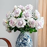 ENALGRE Artificial Flowers Spring Artificial Roses 23.2In Fake Roses Long Stem Artificial Flowers for Tall Vase Suitable for Wedding Party Decor Valentine's Day DIY Bouquet 20PCS White Purple Heart