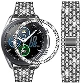 DEALELE Bands Compatible with Samsung Galaxy Watch 3 (41mm), 20mm Luxury Diamond Stainless Steel Metal Bracelet with Rhinestone Bezel Ring Case Cover Replacement for Women Men