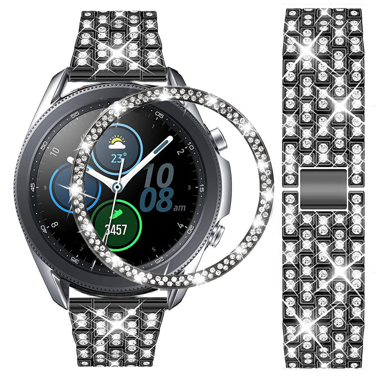 DEALELE Strap Compatible with Samsung Galaxy Watch 3 (41mm), 20mm Bling Rhinestone Dimaond Metal Steel Bracelet with Watch Face Bezel Ring Case Cover Replacement for Women Men, Black