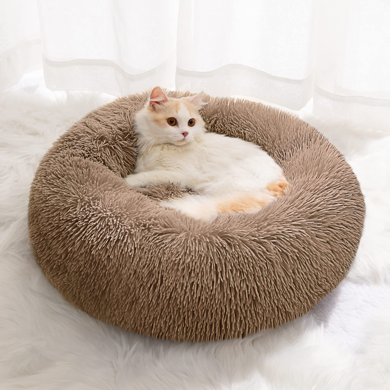 YOJOGEE Small Cat Bed for Indoor Cats, Self-Warming Donut Kitty Bed for Small Cats Keeping Warm, Washable Pet bed with Anti Slip Base, Lightcoffee 40cm — image 1