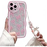 Pretaco Cute Wave Border Pink Bow Pattern with Love Bow Bracelet, Soft TPU Material, Suitable for Women, Girls, Compatible with iPhone 15 Phone Case