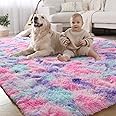 LOCHAS Luxury Fluffy Rainbow Area Rug for Girls Bedroom 5x8, Soft Fuzzy Kids Rugs for Bedroom Boys Playroom, Cute Colorful Tie Dye Princess Carpet for Nursery Living Room Home Decor, Pink/Purple