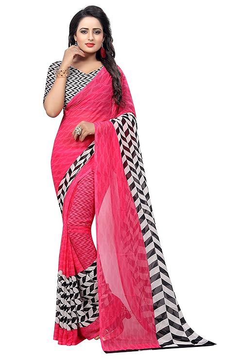 georgette with blouse piece Saree (PIKU PINK-FLEX Free Size)