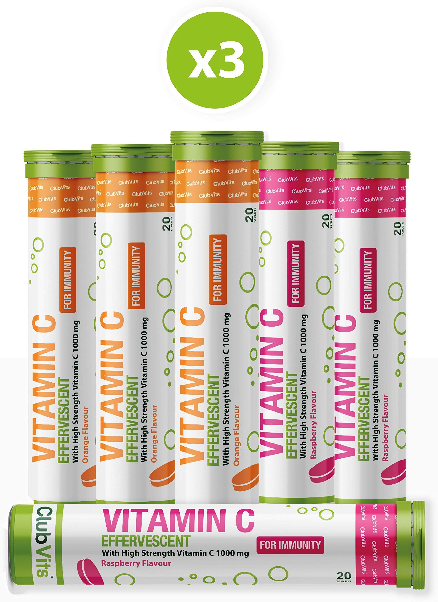 Vitamin C 1000mg High Strength Effervescent 360 Tablets - 18 Tubes of 20 Tablets - Mixed Flavour Packs from Club Vits (Orange x9 Raspberry x9)