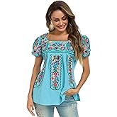 Mexican Shirts for Women Embroidered Tops Traditional Peasant Summer Tunic Blouse (M, E522BL) B-blue