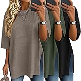 Baggyfly 3 Pack Women's 3/4 Sleeve Waffle Knit Tops Oversized Crewneck T-Shirts Loose Casual Blouses Side Split Tees