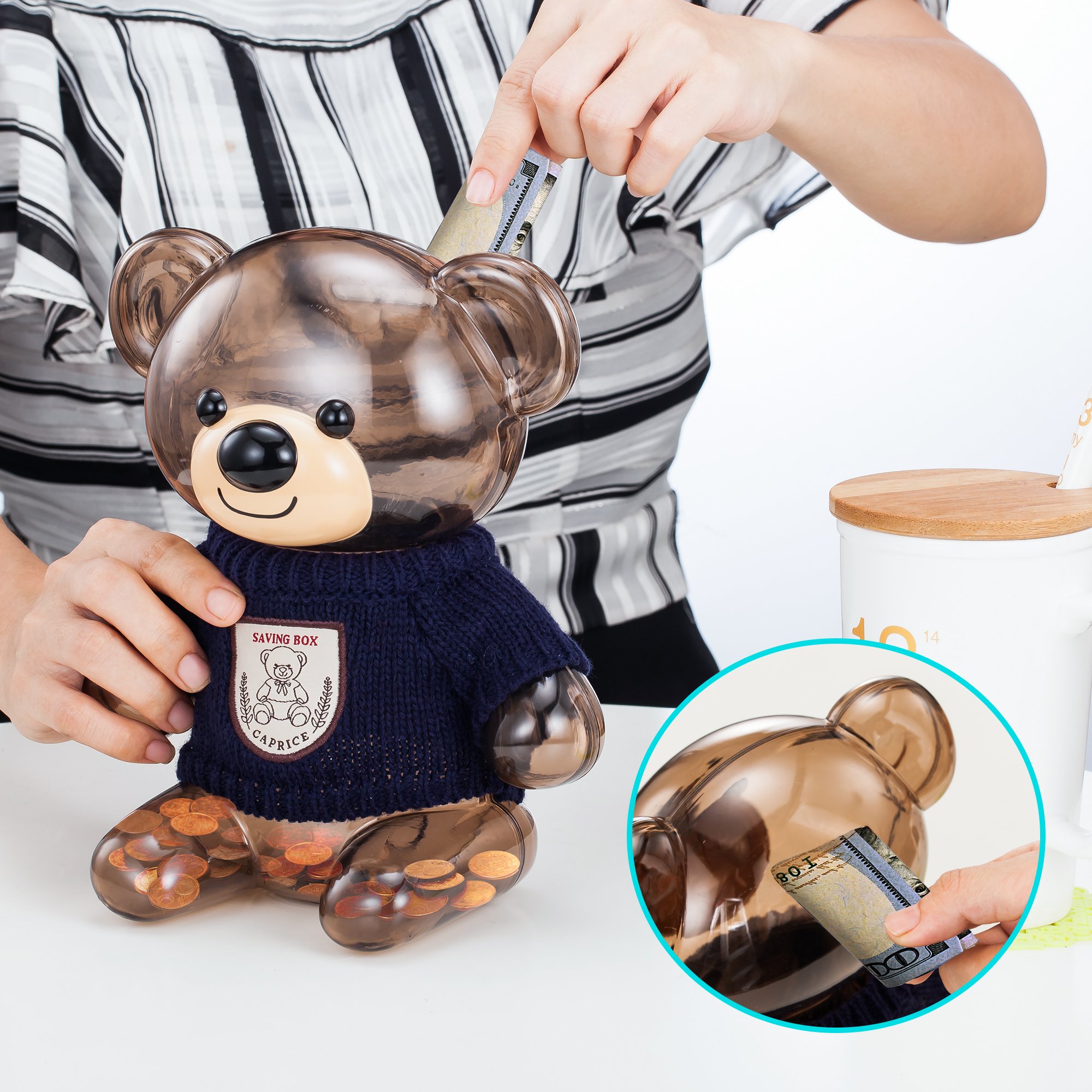 Msicyness Classic Bear Piggy Bank - Cute Cartoon Saving Box for Kids Mini ATM with Knit Clothes Decor Coin Toy Banks Save Pot Money Boxes（Transparent）