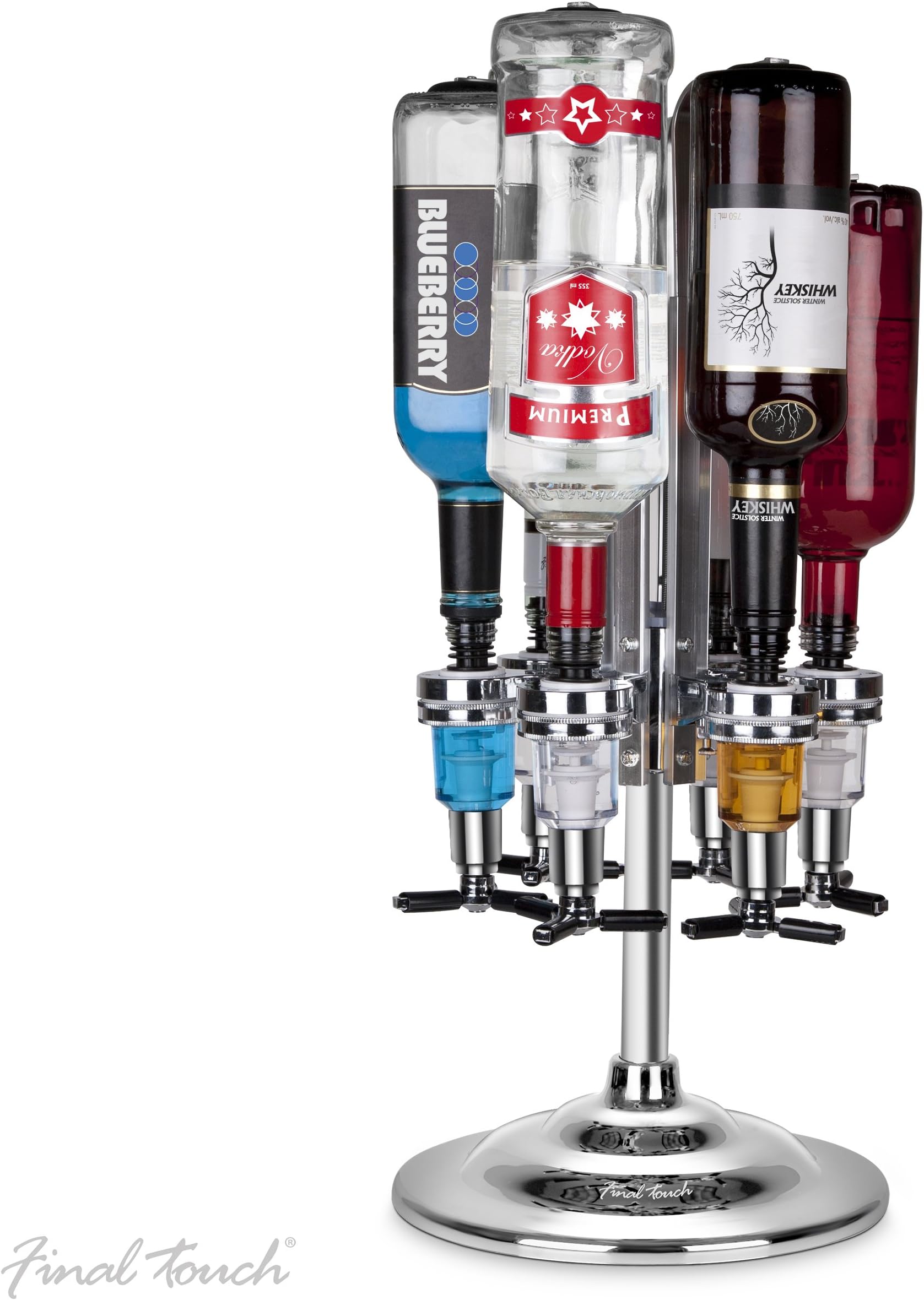 Final Touch 6-Bottle Liquor Dispenser - Gravity-Fed Shot Pourer for Perfect 1.5 oz Shots - Leak-Proof Design - Holds 6 Bottles up to 1 Liter Each - Aluminum Frame with Stylish Chrome Finish (FTA1816)