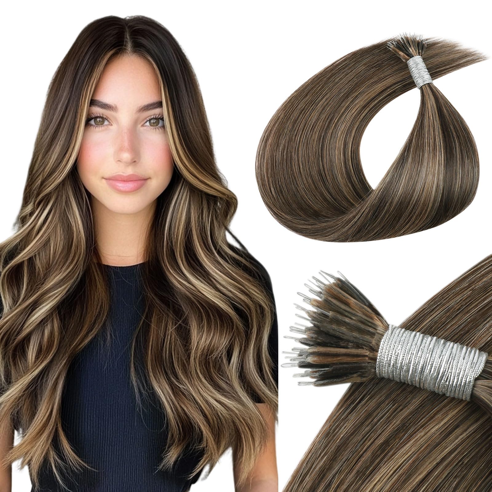Yuniffe Nano Real Human Hair Ombre Chocolate Brown to Caramel Blonde Nano Ring Hair Extensions Remy Straight Natural Long Straight 18 Inch 50g/50s