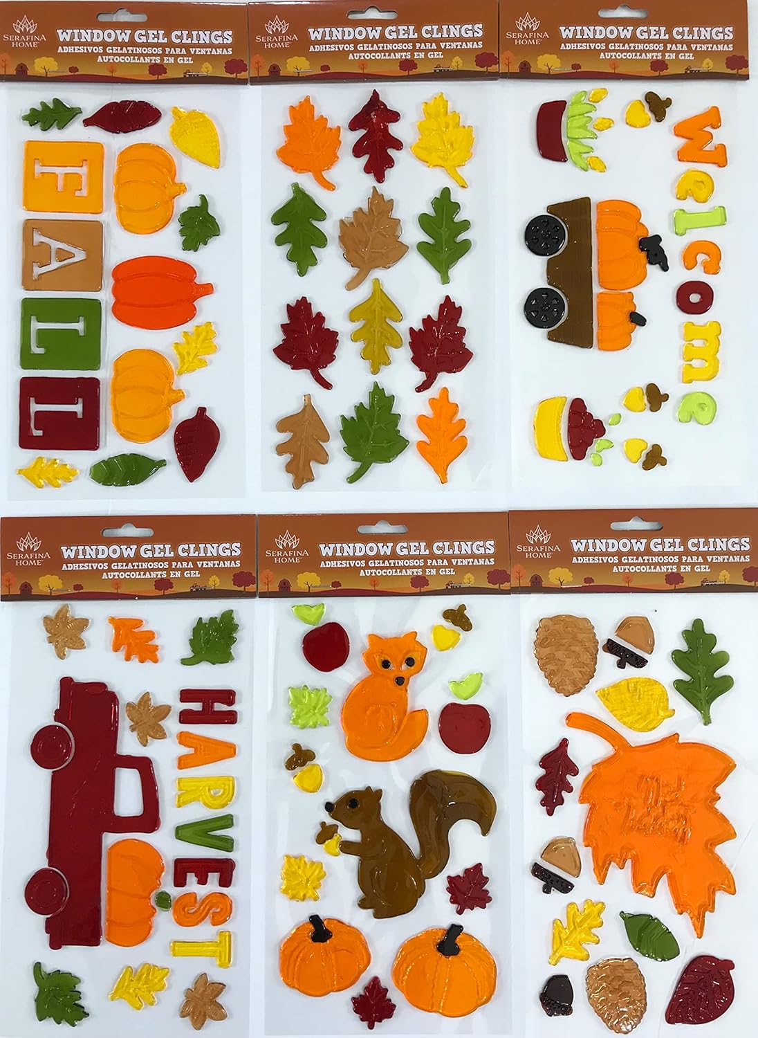 Window Treatments - Fall Gel Cling Stickers for Windows and Mirrors - 6 Sheets of Reusable Seasonal Designs: Leaves, Pumpkins, Harvest Truck, Woodland Animals and More!