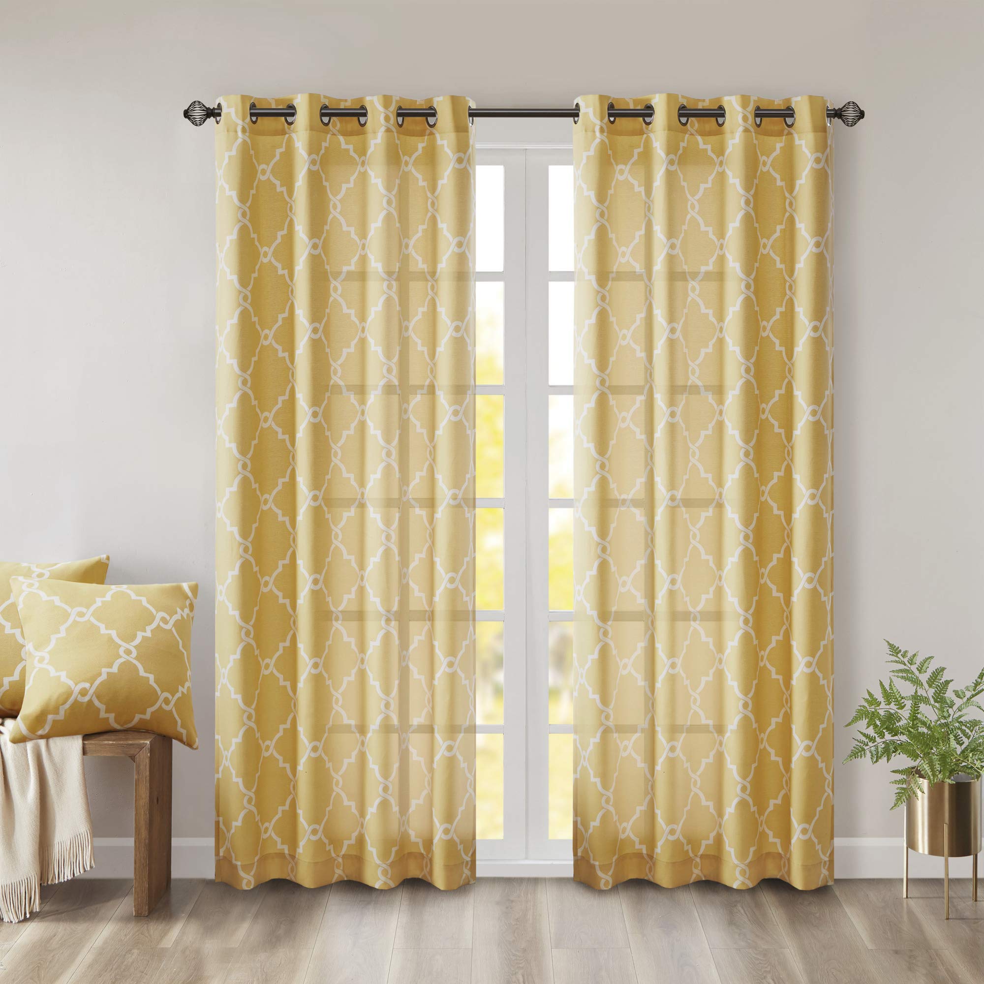 Madison Park Saratoga Single Window Curtain Light Filtering Fretwork Print 1 Panel Grommet Top Drape for Living Room Bedroom and Dorm, 50x84, Yellow/White