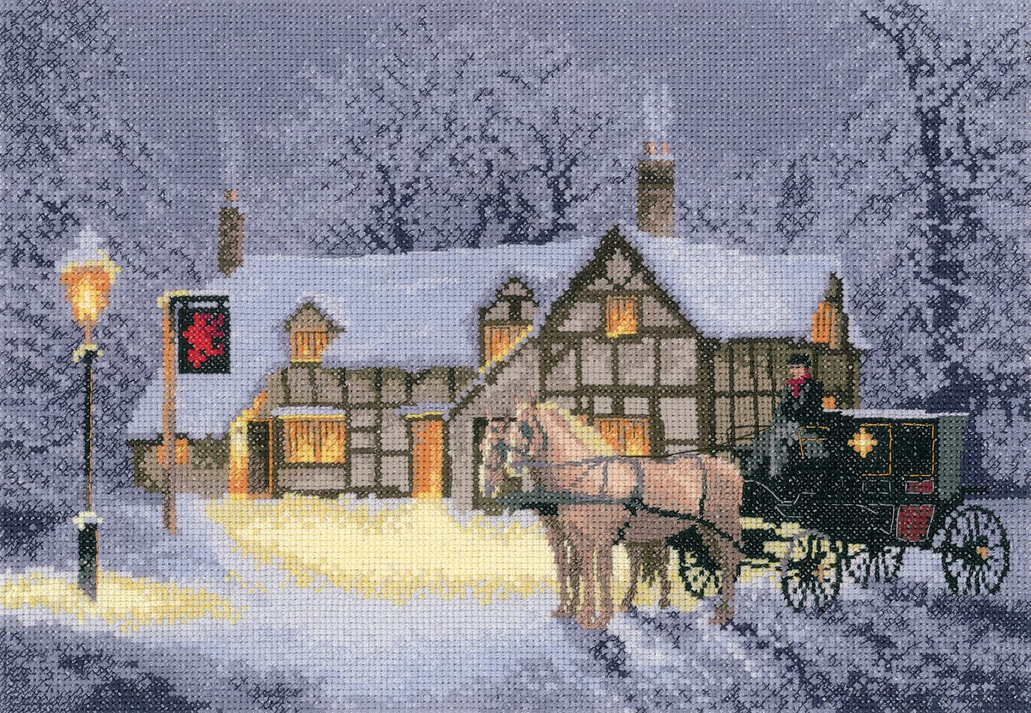 Heritage Crafts John Clayton Cross Stitch Kit - Christmas Inn - Aida