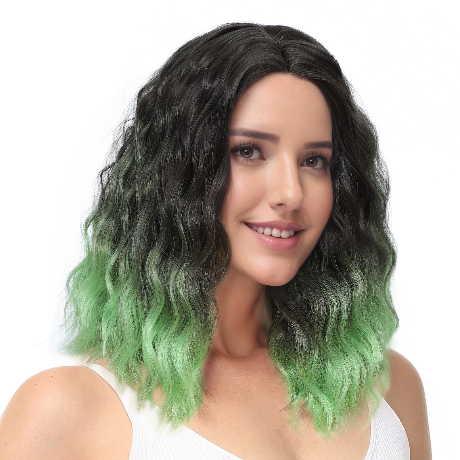 BUYOGET Medium Short Wig Wavy Bob Wig Realistic Natural Lace Front Scalp Adjustable Synthetic Shoulder Length Curly Wigs for Women Ombre Green — image 1