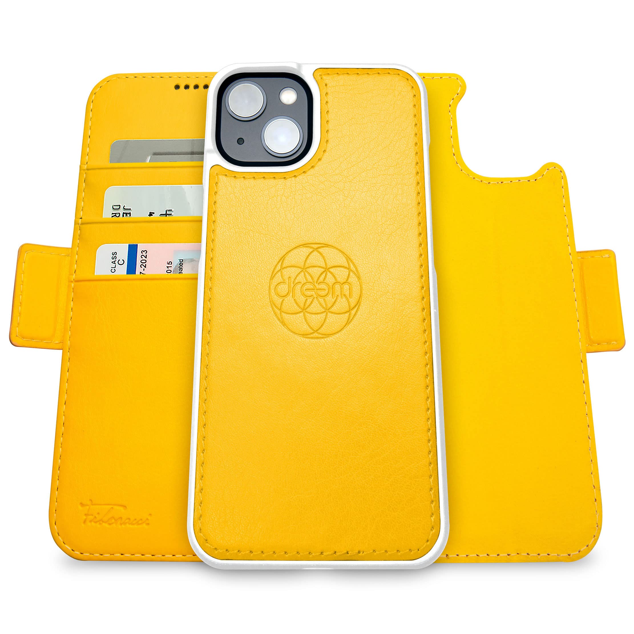 dreem Fibonacci iPhone 14 wallet case / 2-in-1 shockproof case and detachable vegan leather folio, MagSafe compatible, RFID protection [Yellow]