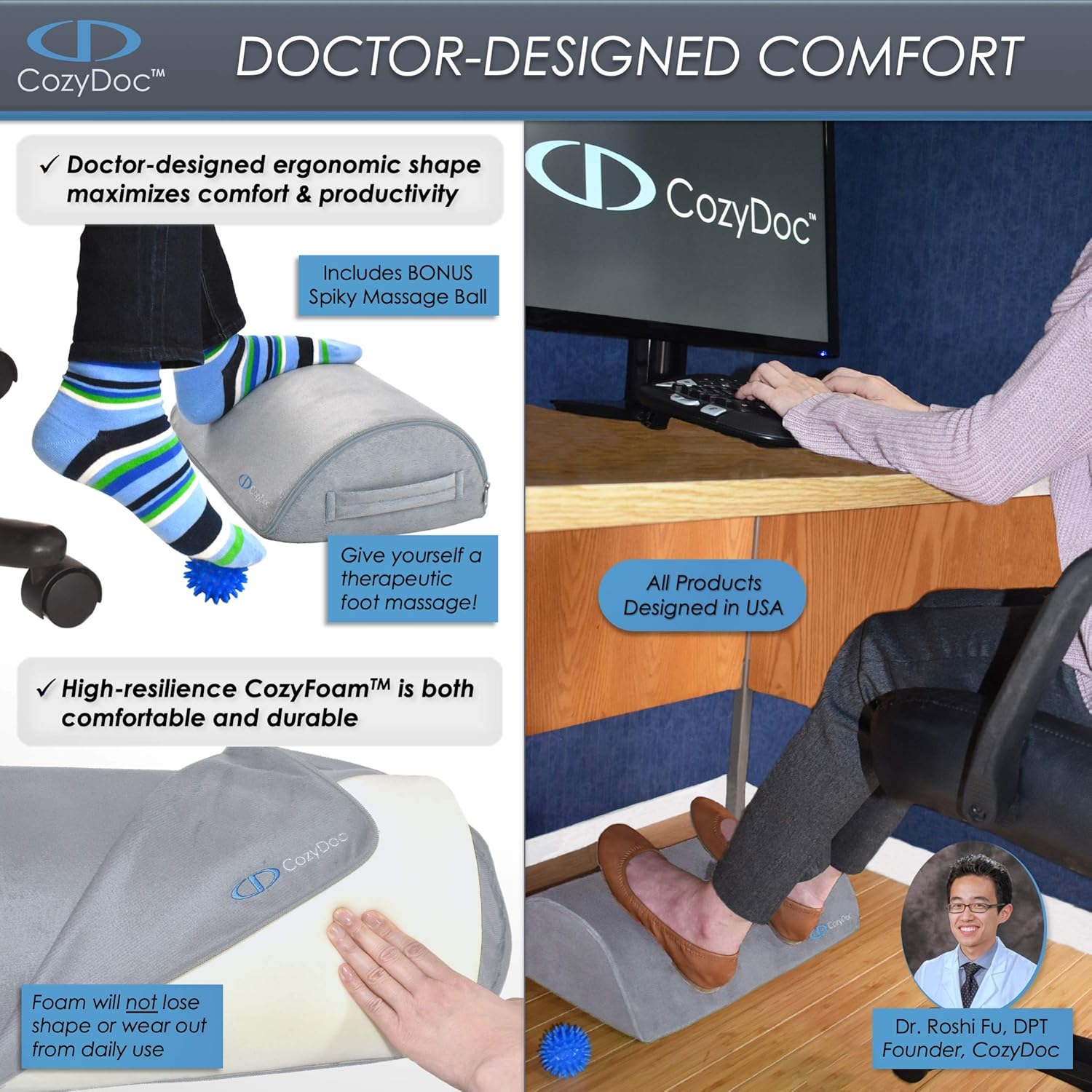 CozyDoc Ergonomic Foot Rest Cushion Under Desk + Massage Ball | The Most Comfortable Footrest for Home, Office, Travel | Doctor Designed Orthopedic Foam for Feet, Knee, Back Pain Relief【Gray】 : Office Products