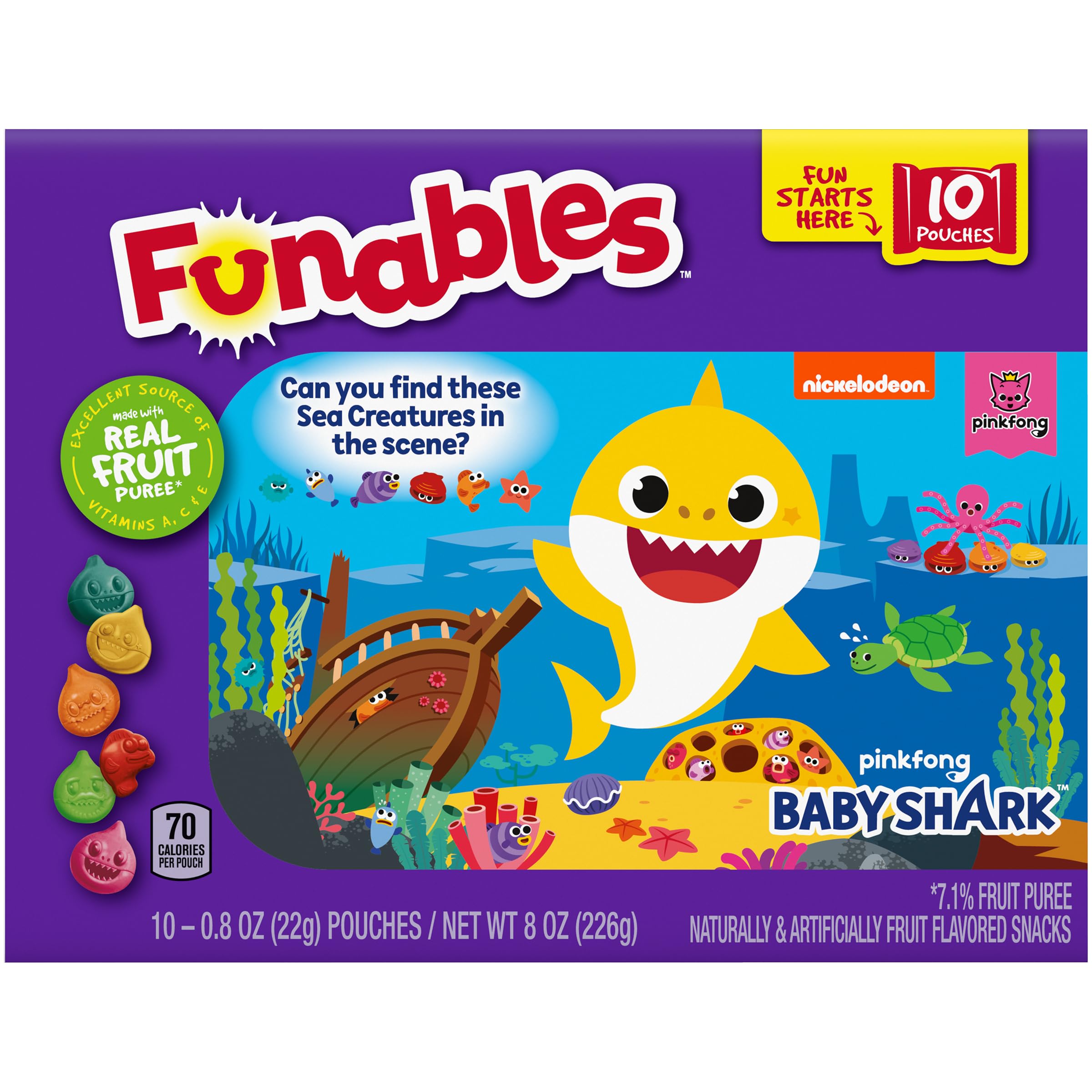 Funables Fruity Snacks, Baby Shark, Assorted Fruit, Flavored Snacks, 0.8 oz 10 ct