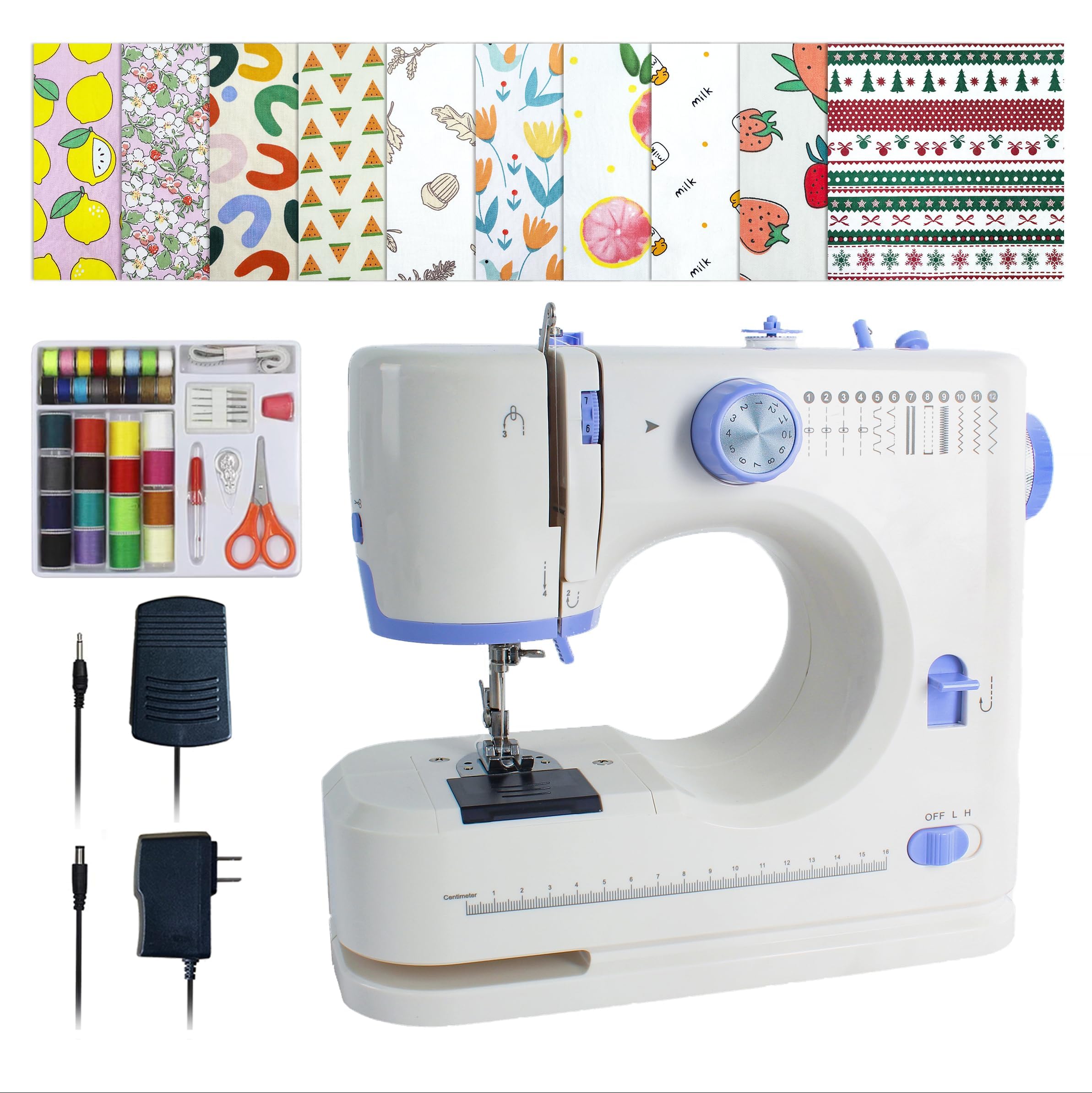 Photo 1 of Stoigeld Sewing Machine for Beginners with 20 Pcs Fabric and 32 Pcs Sewing Threads Kit,Portable Sewing Machine with 12 Built-in Stitches,2 Speed(High-Low Speeds) - White Blue