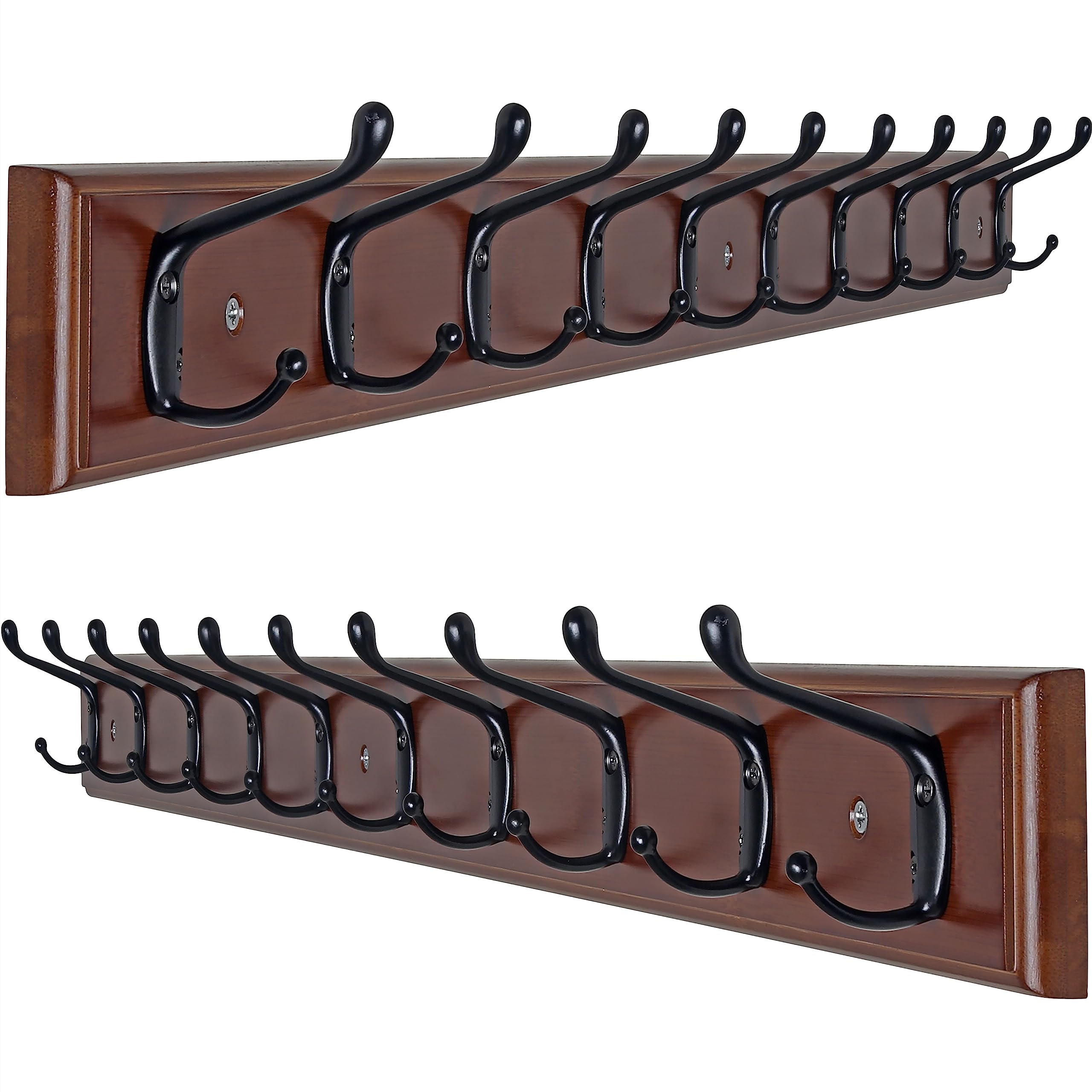 Dseap Coat Rack Wall Mounted with 10 Hooks, 97cm Long, Wood Coat Hooks Hanger Wall Mount, Hook Rack, Hook Rail, for Hanging Coats Hats Towels Jackets Clothes, Light Walnut, Pack of 2