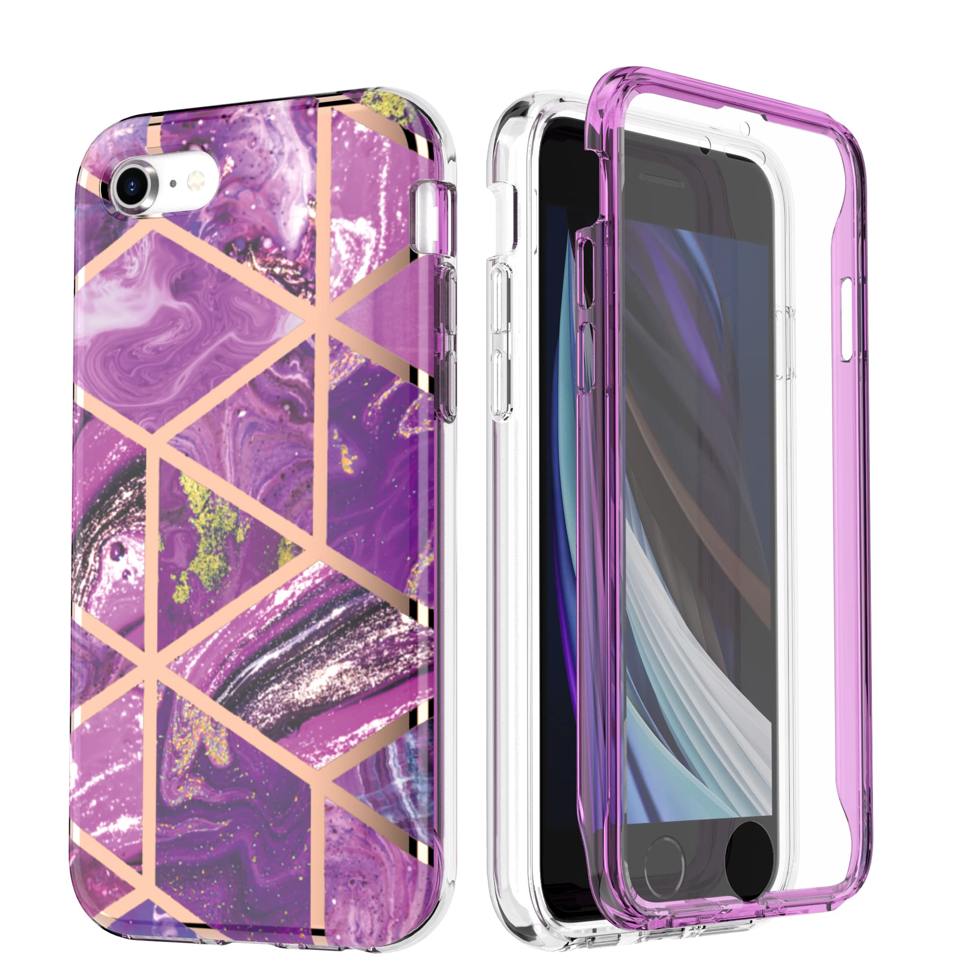 UEEBAI Case for iPhone SE 2022 5G/iPhone 7/iPhone 8/iPhone SE 2020, Marble Pattern Full Body Protective Case Built in Screen Protector Hard PC Case TPU Shockproof Cover for iPhone SE3/SE2 - Purple