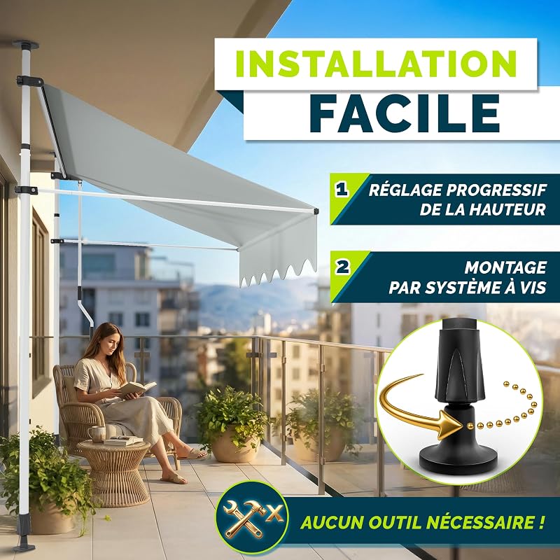Store Banne Manuel rétractable avec manivelle pour Le Balcon | Marquise de terrasse sans percement | Marquise Soleil de Balcon auvent téléscopique (Gris Clair, 250cm)