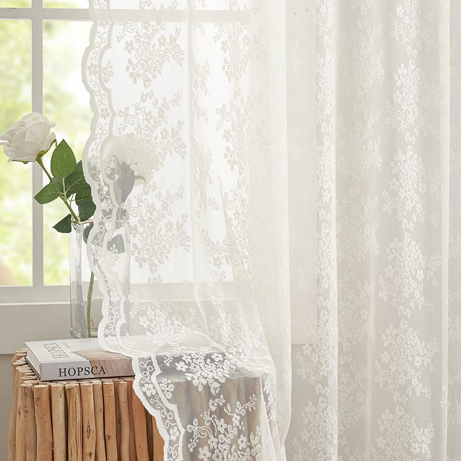 YJ YANJUN Beige Net Curtains 54 drop Sheer Lace Curtains for Bedroom Heavy Short Window Voile Rod Pocket Set of 2 52 W x 54 L Inch(132cm x 137cm),Light Beige — image 1