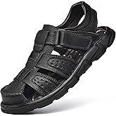 Feichi Men's Sport Sandals Closed Toe Outdoor Handmade Leather Sandal Adjustable Summer Fisherman Beach Shoes