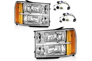 WEELMOTO for 2007-2013 Sierra Headlights for 07-13 GMC Sierra 1500/07-14 Sierra 2500 HD 3500 HD Headlamp Chrome Housing Amber Reflector Left+Right wiring harness included