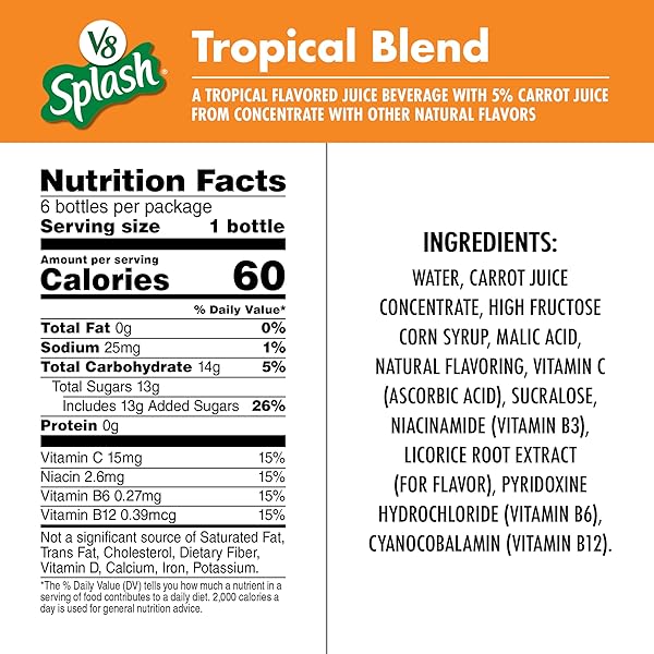 V8 SPLASH TROPICAL BLEND FLAVORED JUICE BEVERAGE, 12 FL OZ BOTTLE (6 PACK)