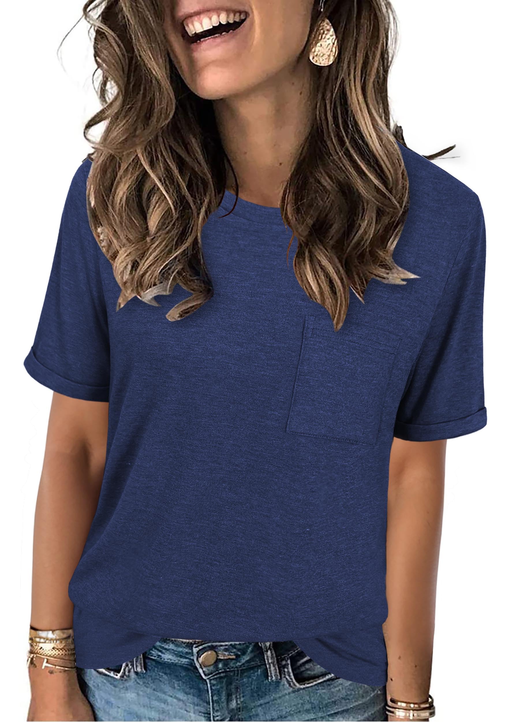 Photo 1 of JomeDesign Womens T Shirts Summer Outfits Short Sleeve Tops Comfortable Loose Fit Round Neck Basic Tees Hawaiian Business Casual Outfits Beach Vacation Clothes Stylish Loose Fit 2025 Navy Blue