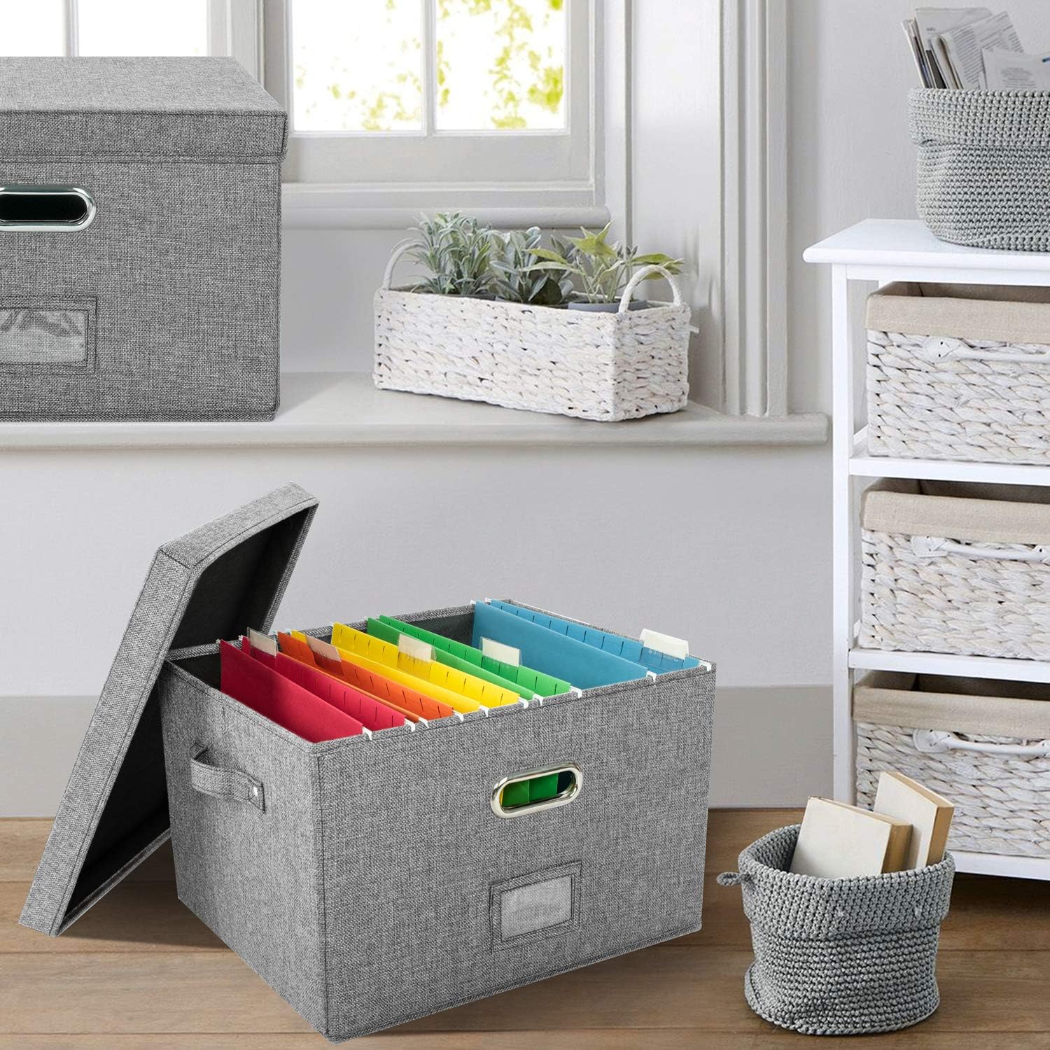 JSungo File Organizer Box Office Document Storage with 5 Hanging Filing Folders, Collapsible Linen Storage Box with Lids, Home Portable Storage with Handle, Letter Size Legal Folder, Grey : Office Products