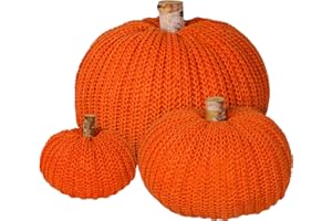 WINLYN Set of 3 Faux Fall Decorative Orange Pumpkins Crochet Pumpkins Knit Pumpkins Foam Pumpkins for Rustic Farmhouse Thanksgiving Harvest Halloween Wedding Table Centerpiece Mantel Kitchen Decor