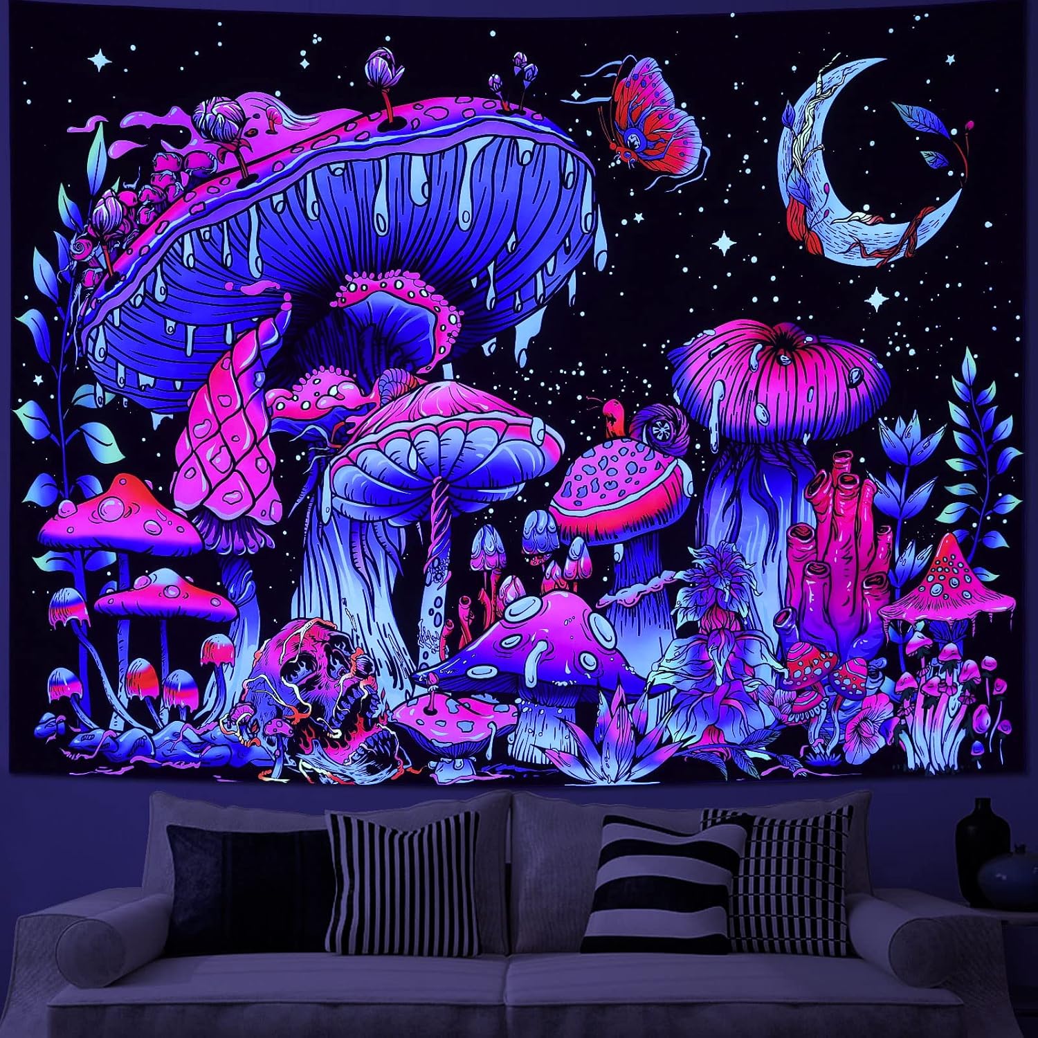 Tapestries - MitoGadget Blacklight Starry Night Tapestry, Small Fantasy Tapestry Plant Tapestry UV Reactive Moon Tapestries Wall Hanging Decor for Bedroom Living Room 37.4ʺ x 28.7ʺ
