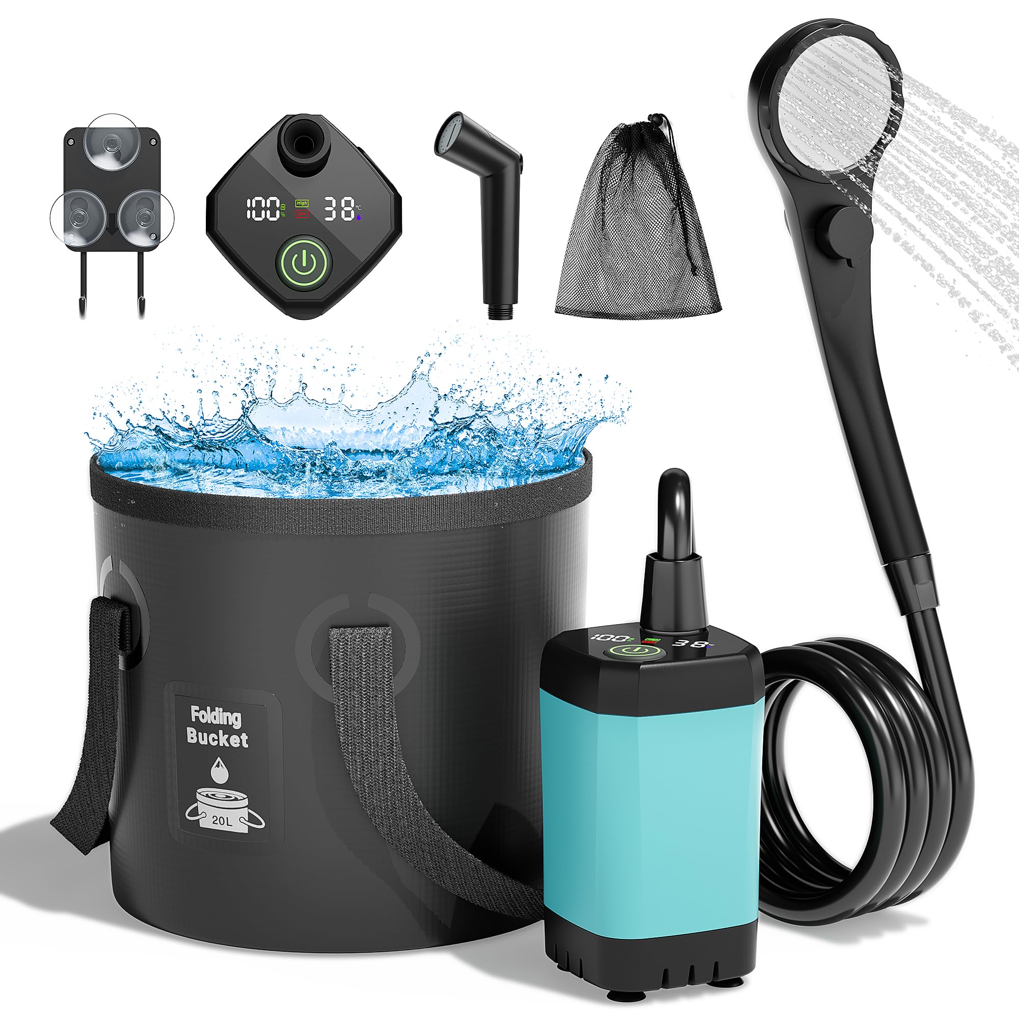 Photo 1 of Moriko Portable Camping Shower, 6000mAh Rechargeable Shower Pump, Filtered Shower Head & 5 Gallons Foldable Bucket, Outdoor Shower for Hiking Beach, Travel, Pet Bath, Car Washing, Surf & Boat Cleaning