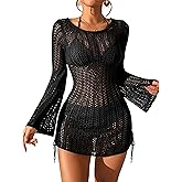 Fayenne Womens Swimsuit Cover Up Crochet Coverups Hollow Out Bell Long Sleeve Drawstring Bathing Suits Swim Coverup