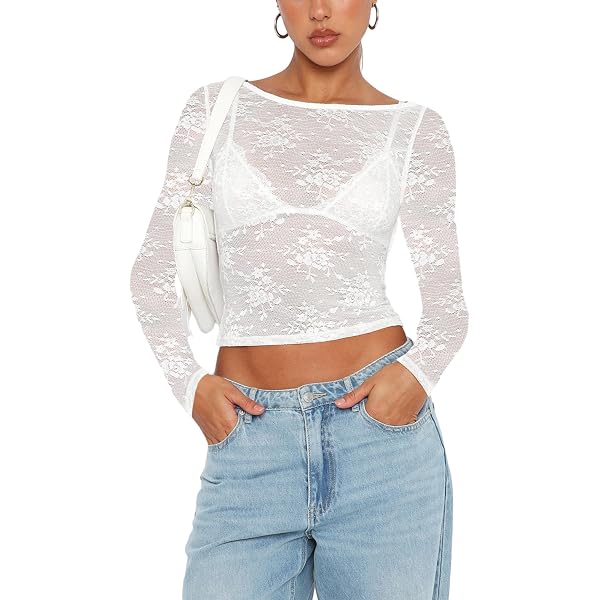 Fabumily Sheer Tops for Women Long Sleeve Mock Neck Lace Mesh Top