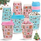 50 Pcs Christmas Disposable Coffee Hot Drink Cups, 12 Oz Xmas Winter Insulated Corrugated Ripple Wall Pink Blue Paper Cups with Pink Blue Lids for Christmas Party Home Office Decoration Supplies