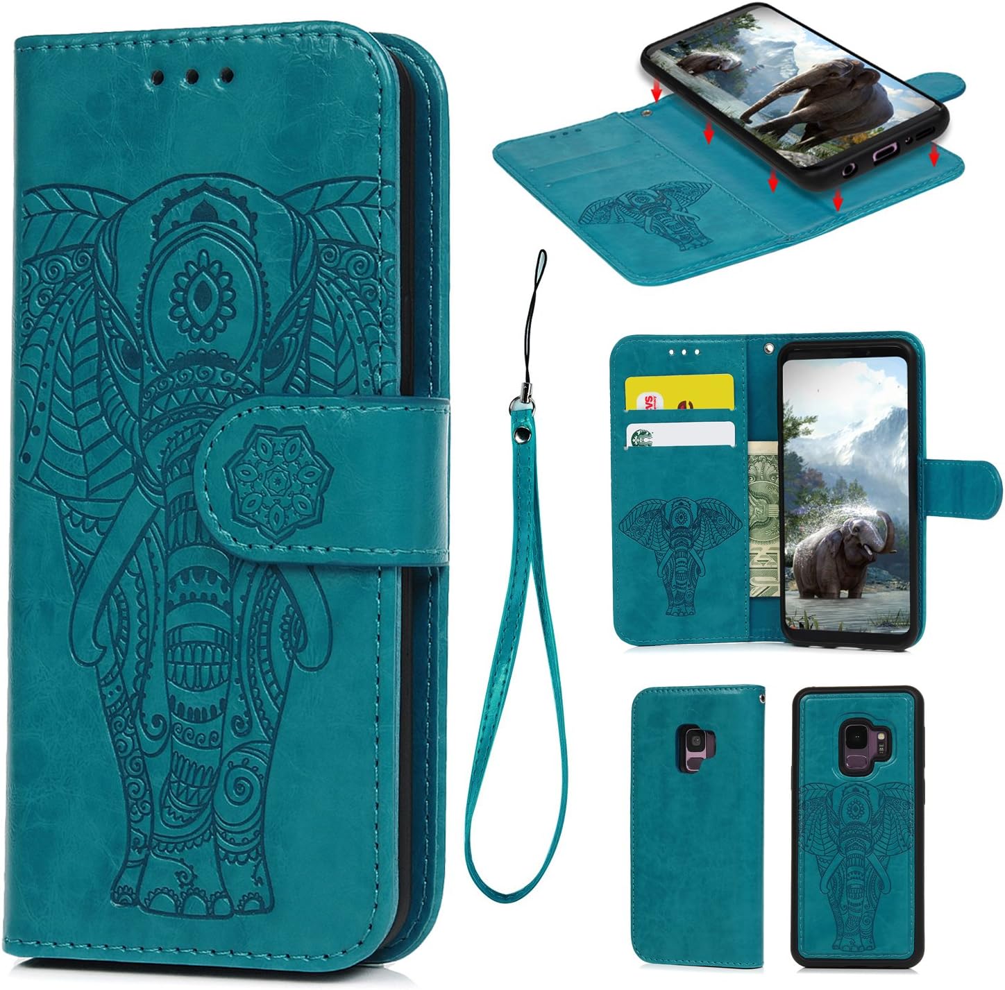 SUPWALL Samsung S9 Case, Wallet Cover Case with Card Slots & Kickstand & Wrist Strap Folio Carrying Magnetic Protective Shell Flip Wallet Case PU Leather Soft TPU Bumper Blue