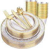 Nervure 150Pcs Clear Plastic Plates with Gold Hammered Silverware include 25Dinner Plate, 25Dessert Plate, 25Knives, 25Forks, 25Spoons and 25Cups for Wedding & Parties & Thanksgiving