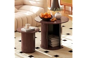 COSVALVE Nesting Coffee Table Set of 2 with Hidden Storage & Sliding Door, Circle Wood Coffee Table, Farmhouse Side & End Table Sets for Living Room, Small Spaces, Walnut