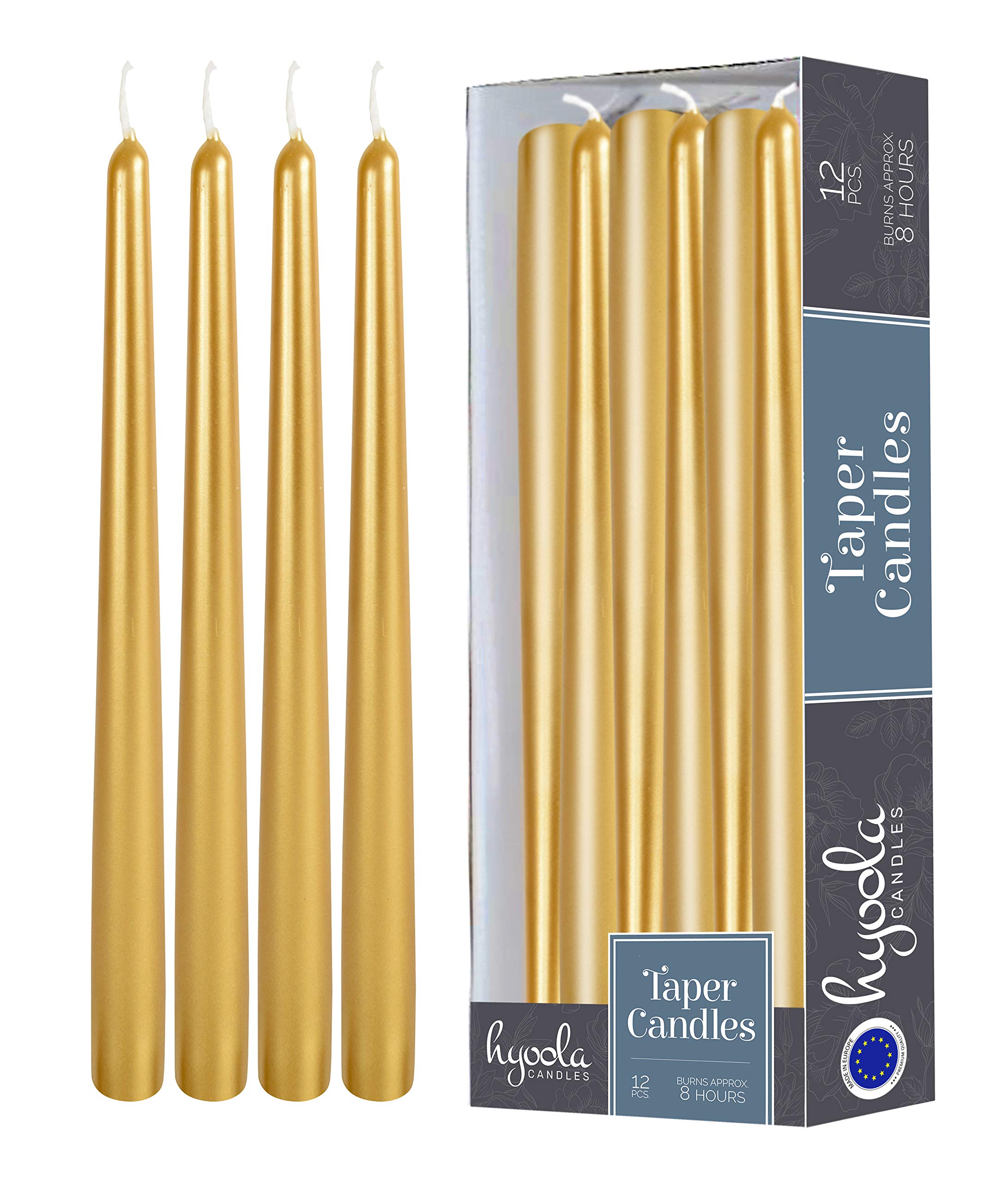 Hyoola Metallic Gold Taper Candles - 250 mm (10 Inch) Unscented Dripless Taper Candles - 8 Hour Burn Time - 12 Pack — image 1