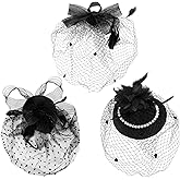 Geyoga 3 Pcs Fascinators Hats Women Mesh Veil with Feather Headband for Derby Party Funeral Tea Party Church Headwear