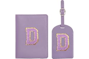 Ulico Initial Passport Cover and Luggage Tag Set,PU Leather Letter Passport Case Holder Travel Suitcase Tag, Personalized Travel Luggage Accessories Gifts for Women Kids Teenage Purple D