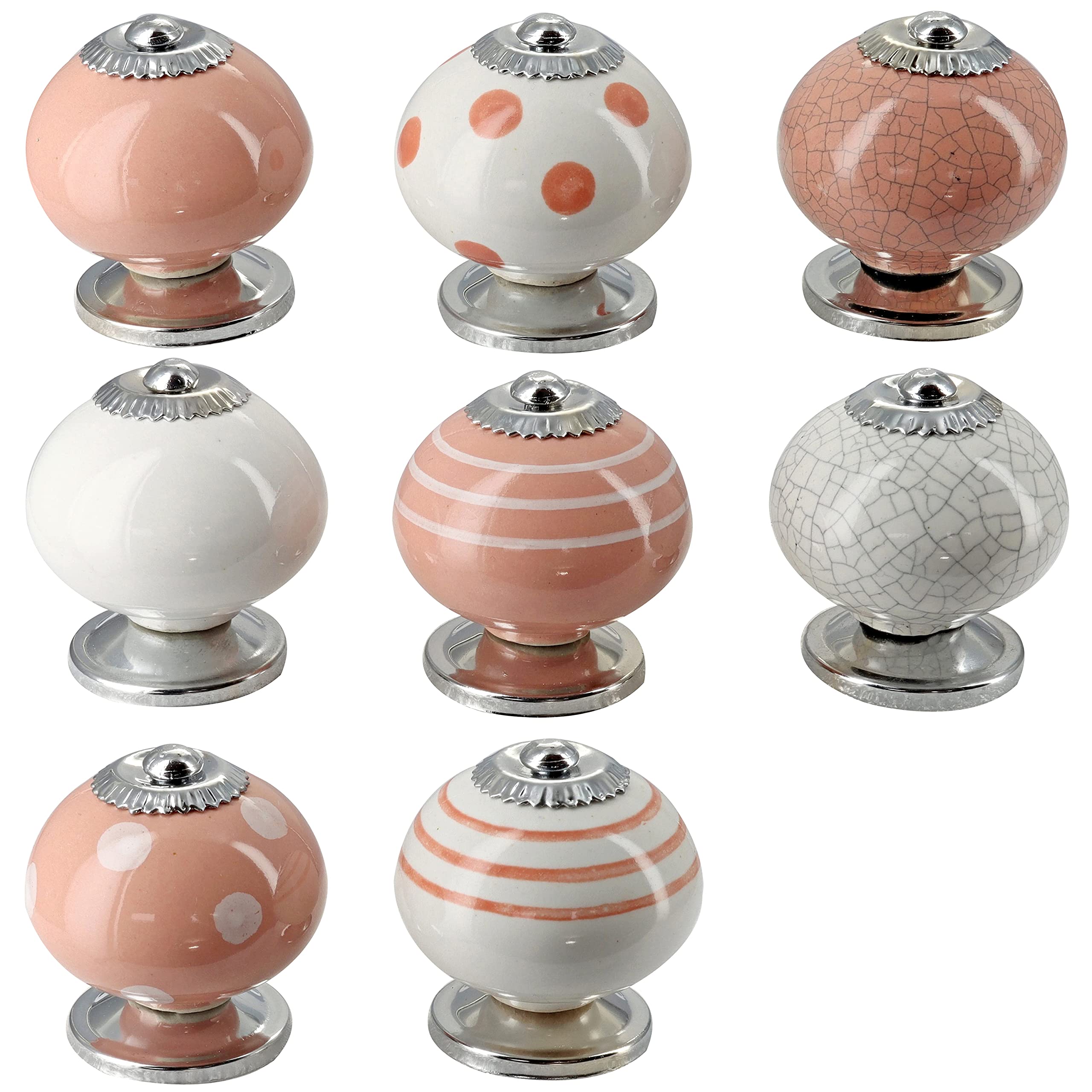 G Decor Dark Pink and White Handmade Assorted Designs Ceramic Door Knobs, Vintage, Shabby Chic, Interior Furniture, Cabinet Cupboard Drawers Pulls Handles (8-Pack)