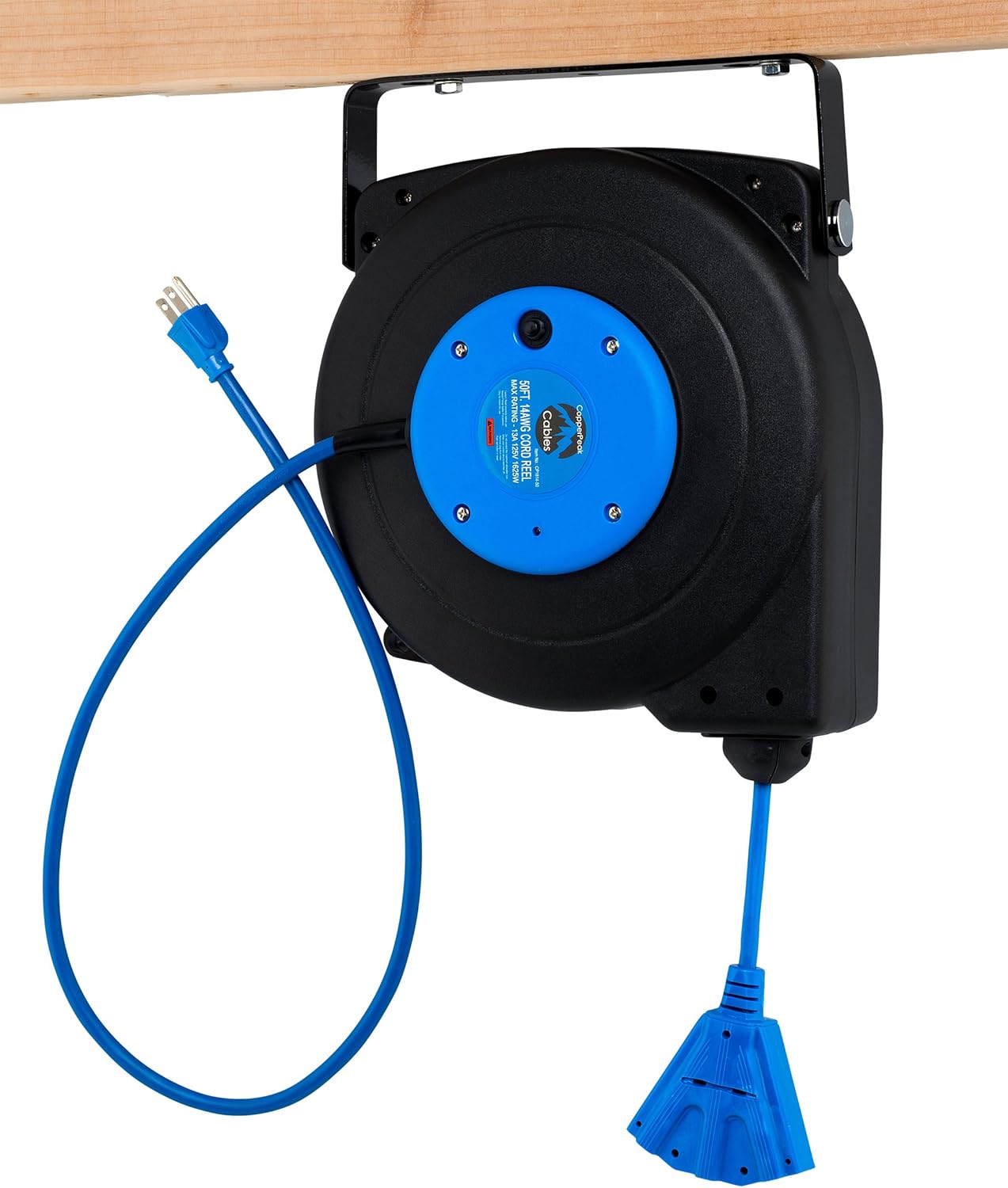 CopperPeak 50 ft Retractable Extension Cord Reel Ceiling or Wall Mount 14 gauge Blue and