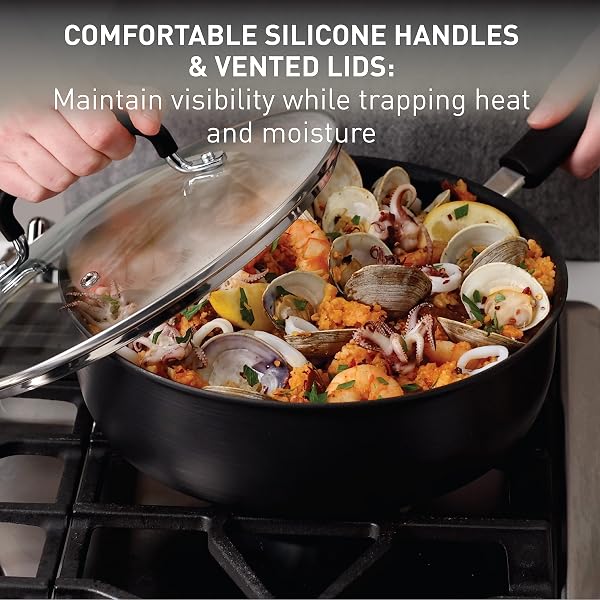 T-FAL ULTIMATE HARD ANODIZED NONSTICK POTS AND PANS SET 14 PIECE, OVEN BROILER SAFE 400F, KITCHEN COOKING SET W/FRY PANS, SAUCEPANS, GRIDDLE, DUTCH OVEN, DISHWASHER SAFE, COOKWARE, BLACK