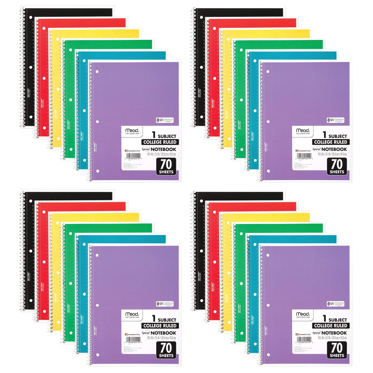 Mead Spiral Notebooks, College Ruled, 70 Sheets, Assorted Colors, 24 Pack (73705)