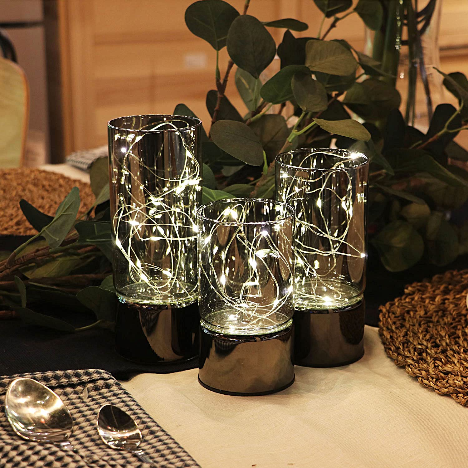 Set of 3 Glass Cylinder Lanterns with Fairy Lights